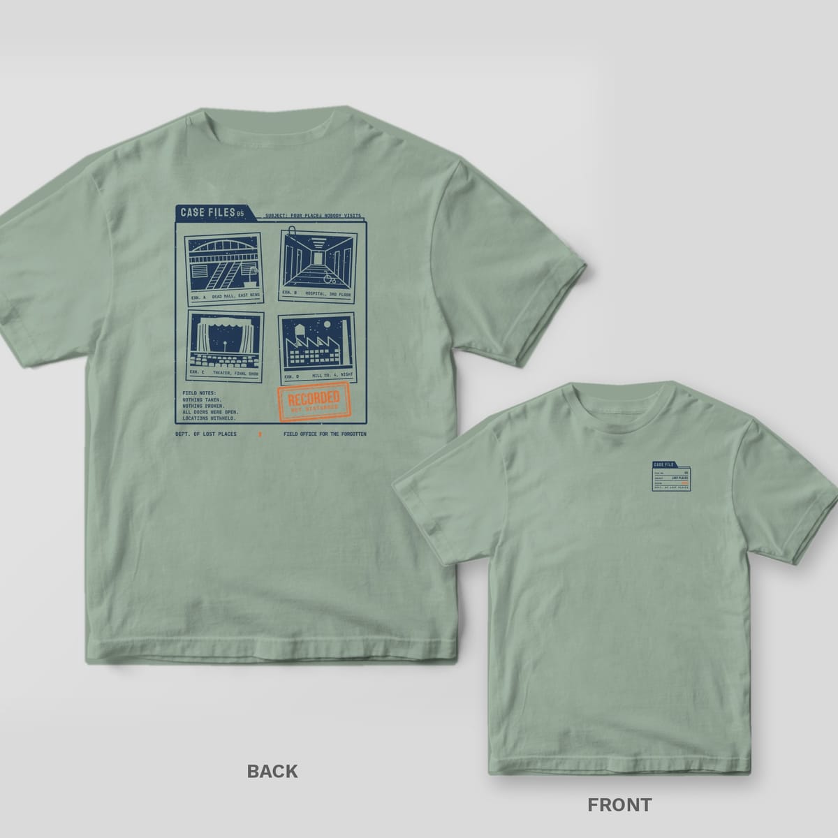 Bay Comfort Colors tee shown back and front: the back has a navy case folder with four abandoned-place photos and an orange Recorded stamp; the chest has a small case-file tab.