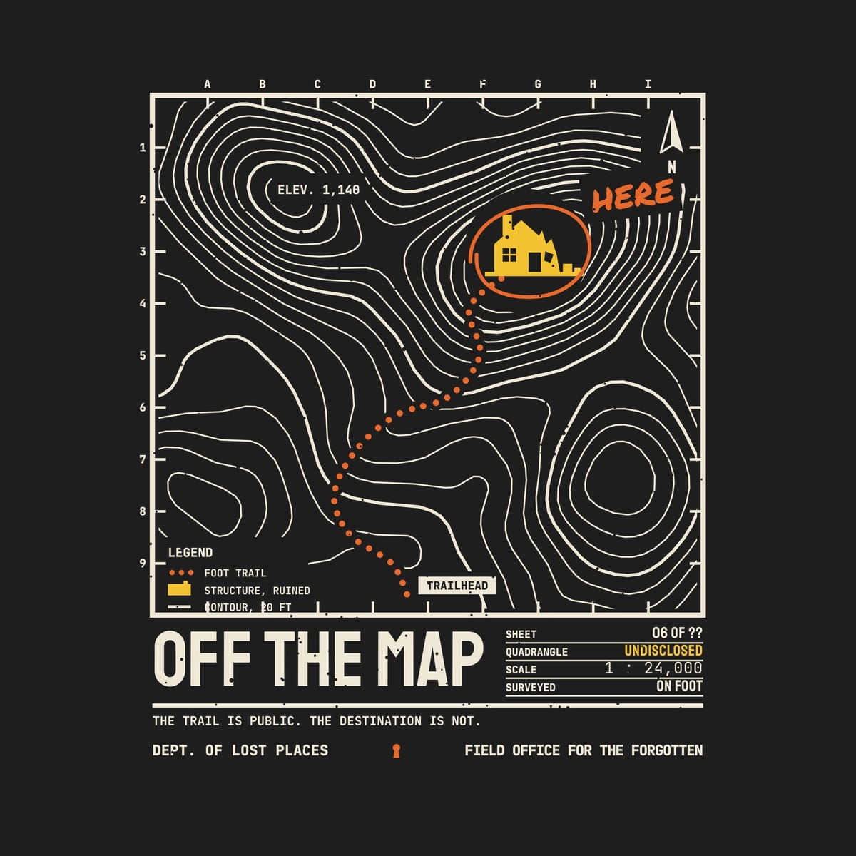 Back print artwork close-up: a cream topographic contour map with an orange dotted trail leading to a yellow ruined house circled and marked Here, above the title Off the Map, lightly speckled.
