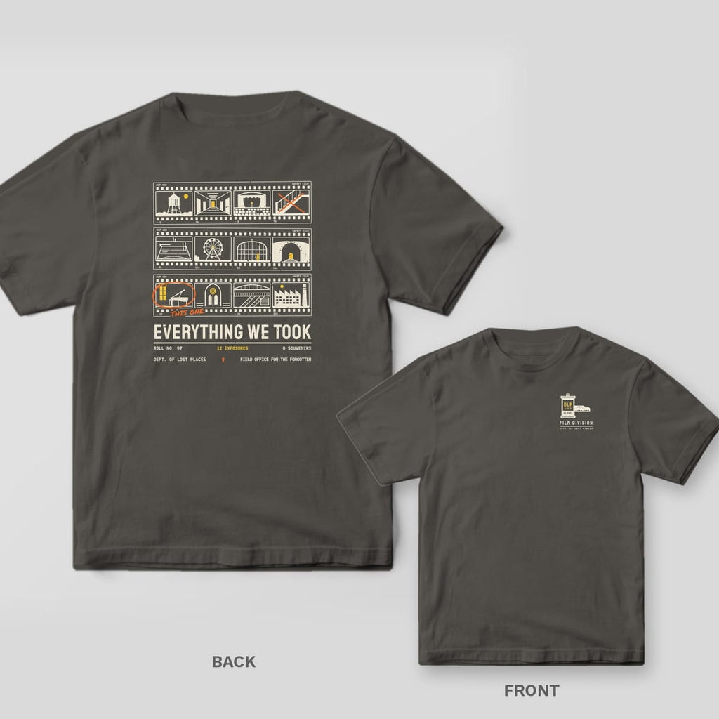 Pepper Comfort Colors tee shown back and front: the back has a cream film contact sheet of twelve abandoned places with one frame circled in orange above Everything We Took; the chest has a small film canister.