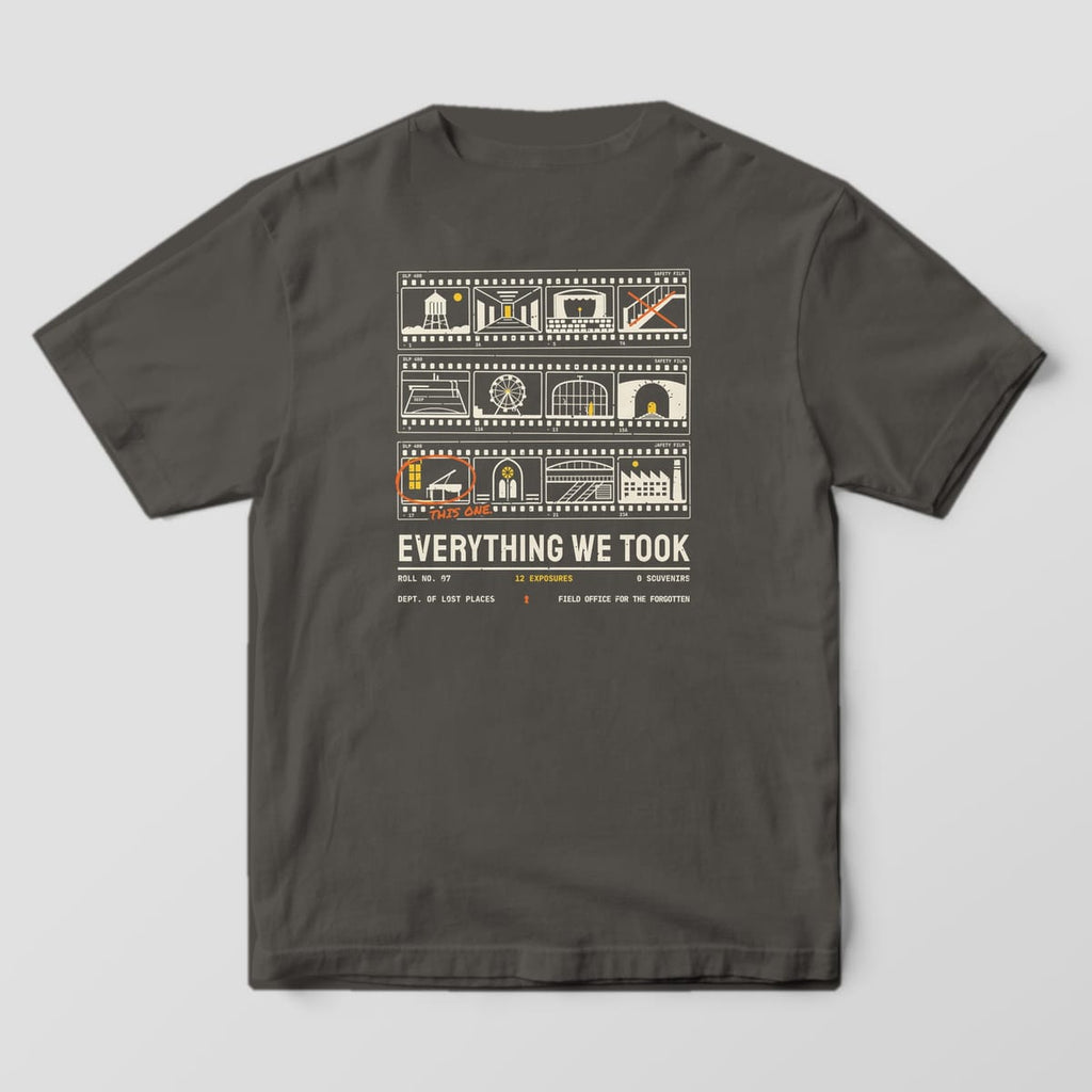 Back of a Pepper Comfort Colors 1717 tee printed with a cream and yellow 35mm contact sheet of twelve abandoned places, one frame circled in orange grease pencil reading This One, above the words Everything We Took.
