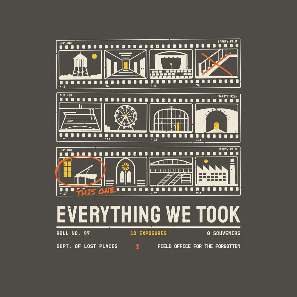 Back print artwork close-up: a cream and yellow 35mm contact sheet of twelve abandoned places, one frame circled in orange grease pencil reading This One, above the words Everything We Took, lightly speckled.