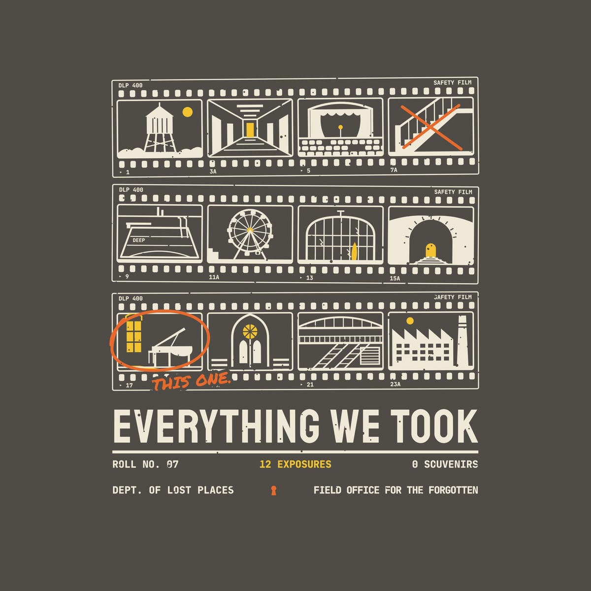 Back print artwork close-up: a cream and yellow 35mm contact sheet of twelve abandoned places, one frame circled in orange grease pencil reading This One, above the words Everything We Took, lightly speckled.
