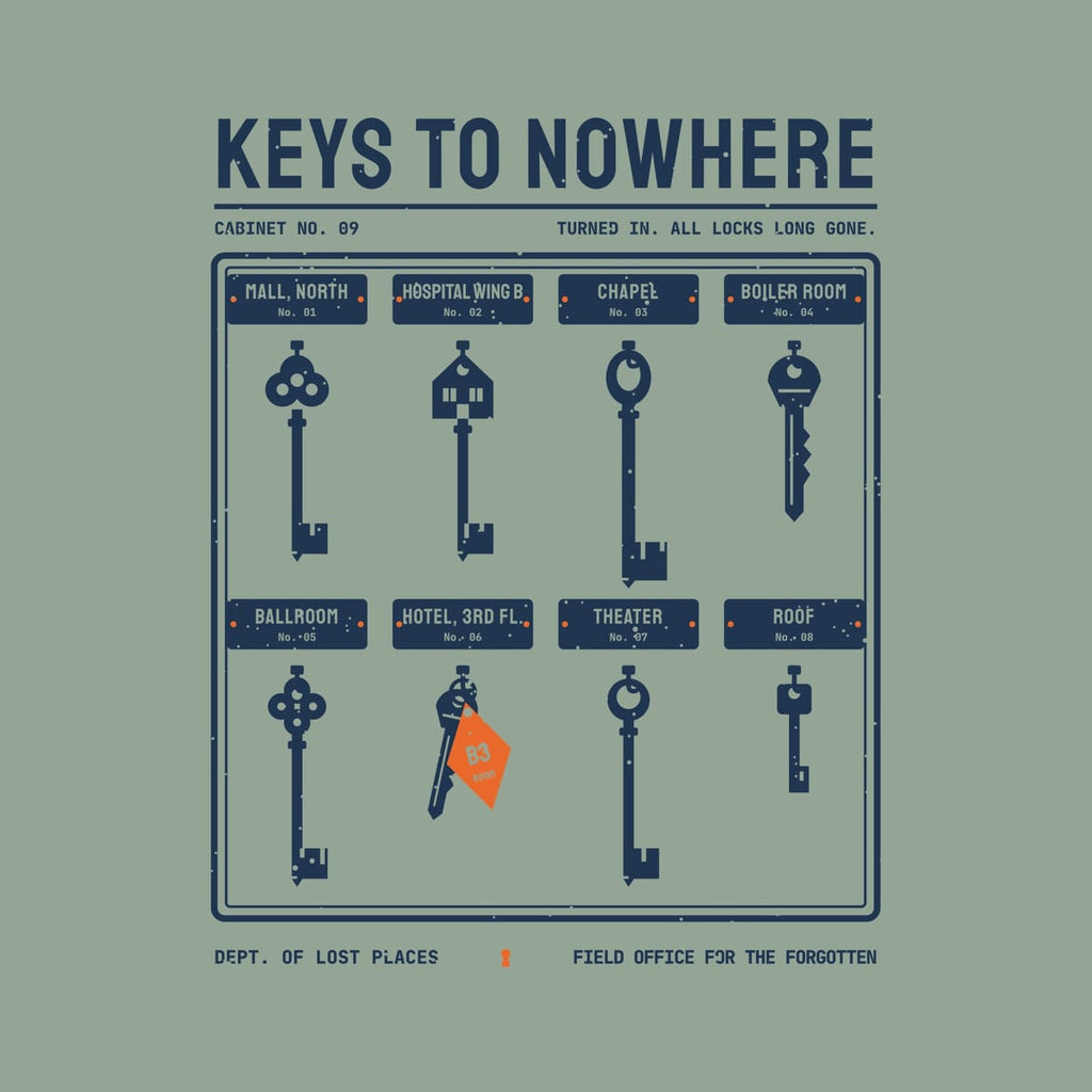Back print artwork close-up: a navy key cabinet holding eight vintage skeleton and hotel keys above name plates for places like Chapel, Ballroom and Roof, under the title Keys to Nowhere, lightly speckled.