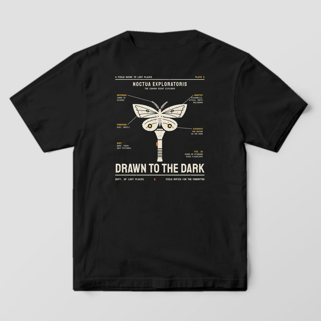 Back of a Black Comfort Colors 1717 tee printed with a cream field-guide illustration of a moth with yellow eyespots perched on an upright flashlight, with labeled notes and the title Drawn to the Dark.