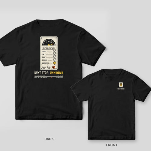 Black Comfort Colors tee shown back and front: the back has a cream elevator panel with a lit yellow B3 button above Next Stop: Unknown; the chest has a small lit B3 button.
