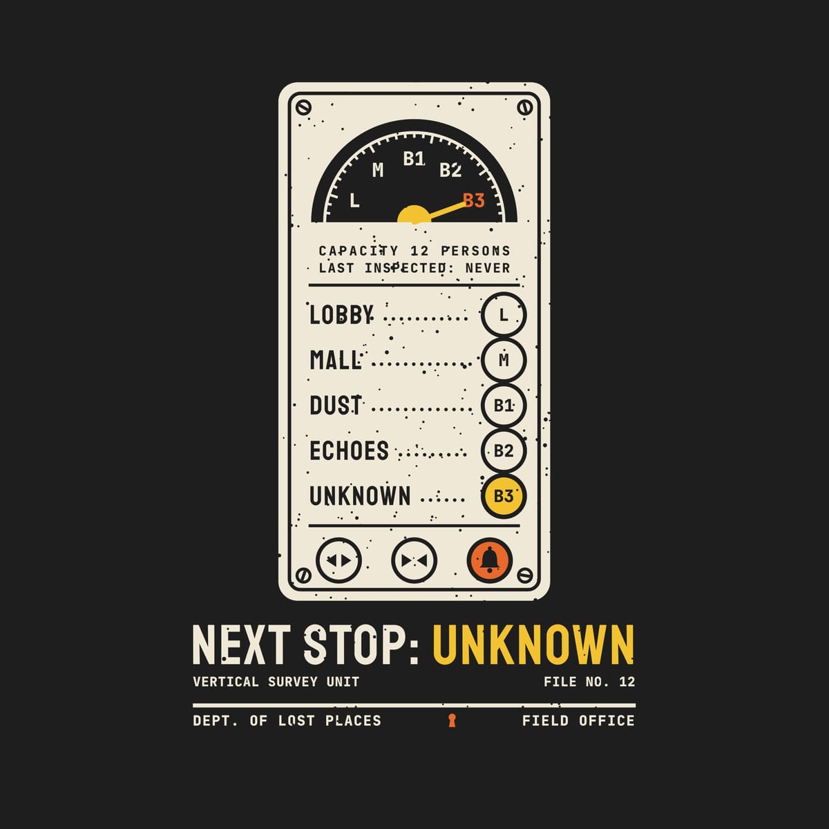 Back print artwork close-up: a cream vintage elevator panel with a floor dial, buttons labeled Lobby, Mall, Dust, Echoes and a lit yellow B3 Unknown button, above Next Stop: Unknown, lightly speckled.