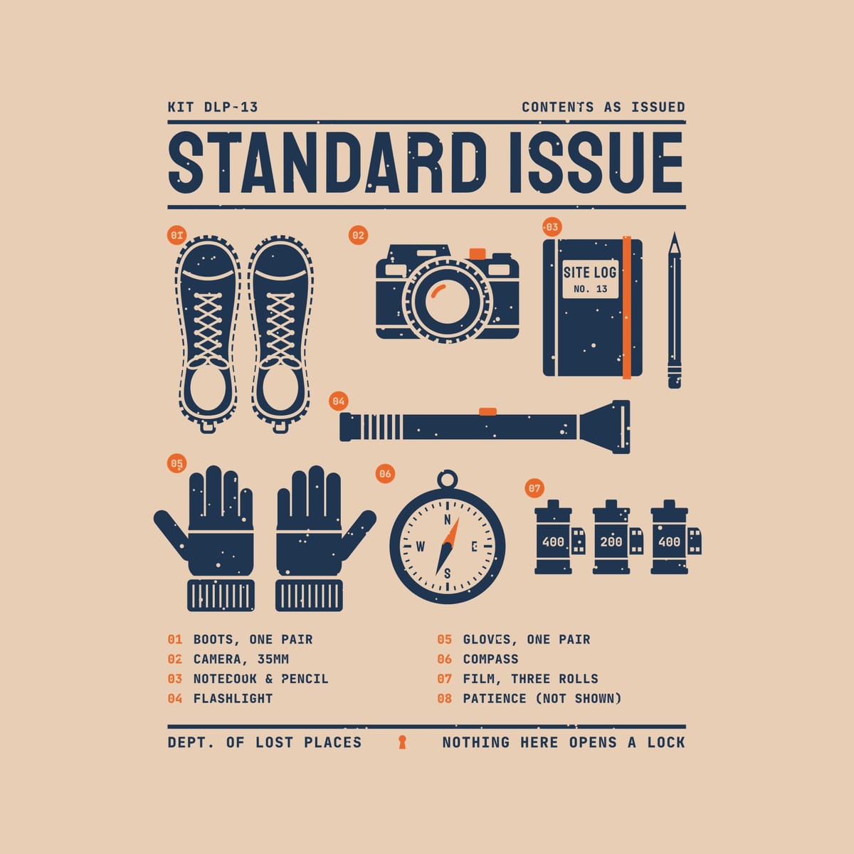 Back print artwork close-up: a navy and orange flat-lay of numbered explorer gear: boots, a film camera, a notebook and pencil, a flashlight, gloves, a compass and film rolls, under Standard Issue, lightly speckled.