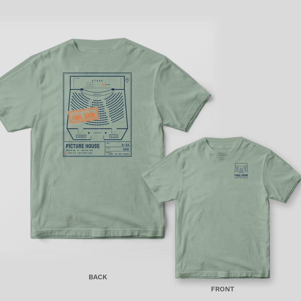 Bay Comfort Colors tee shown back and front: the back has a navy theater seating blueprint stamped Final Show in orange; the chest has a small seating plan.
