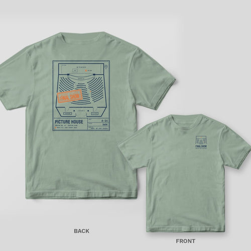 Bay Comfort Colors tee shown back and front: the back has a navy theater seating blueprint stamped Final Show in orange; the chest has a small seating plan.