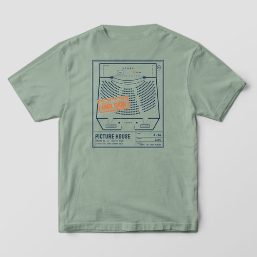 Back of a Bay Comfort Colors 1717 tee printed with a navy architectural seating plan of an old theater with curved rows of seats, a stage and lobby, stamped House Closed, Final Show in orange.