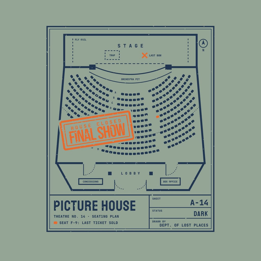 Back print artwork close-up: a navy architectural seating plan of an old theater with curved rows of seats, a stage and lobby, stamped House Closed, Final Show in orange, lightly speckled.