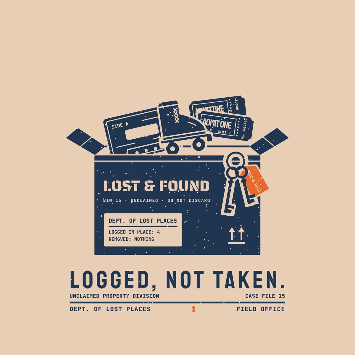 Back print artwork close-up: a navy lost and found cardboard box holding a cassette tape, a roller skate, ticket stubs and skeleton keys with an orange tag, above the words Logged, Not Taken, lightly speckled.