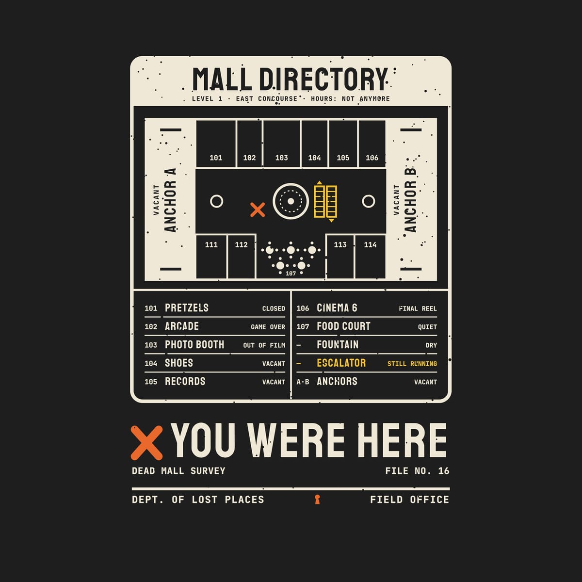 Back print artwork close-up: a cream mall directory board with a floor map, vacant anchor stores, a yellow escalator and a store list, above an orange X and the words You Were Here, lightly speckled.