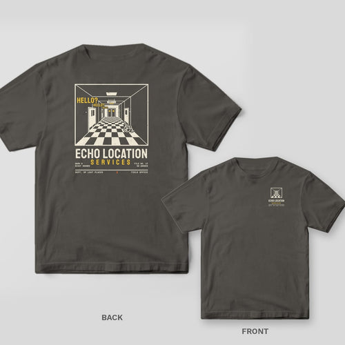 Pepper Comfort Colors tee shown back and front: the back has a cream checkered hospital hallway with yellow Hello? echoes above Echo Location Services; the chest has a small hallway.