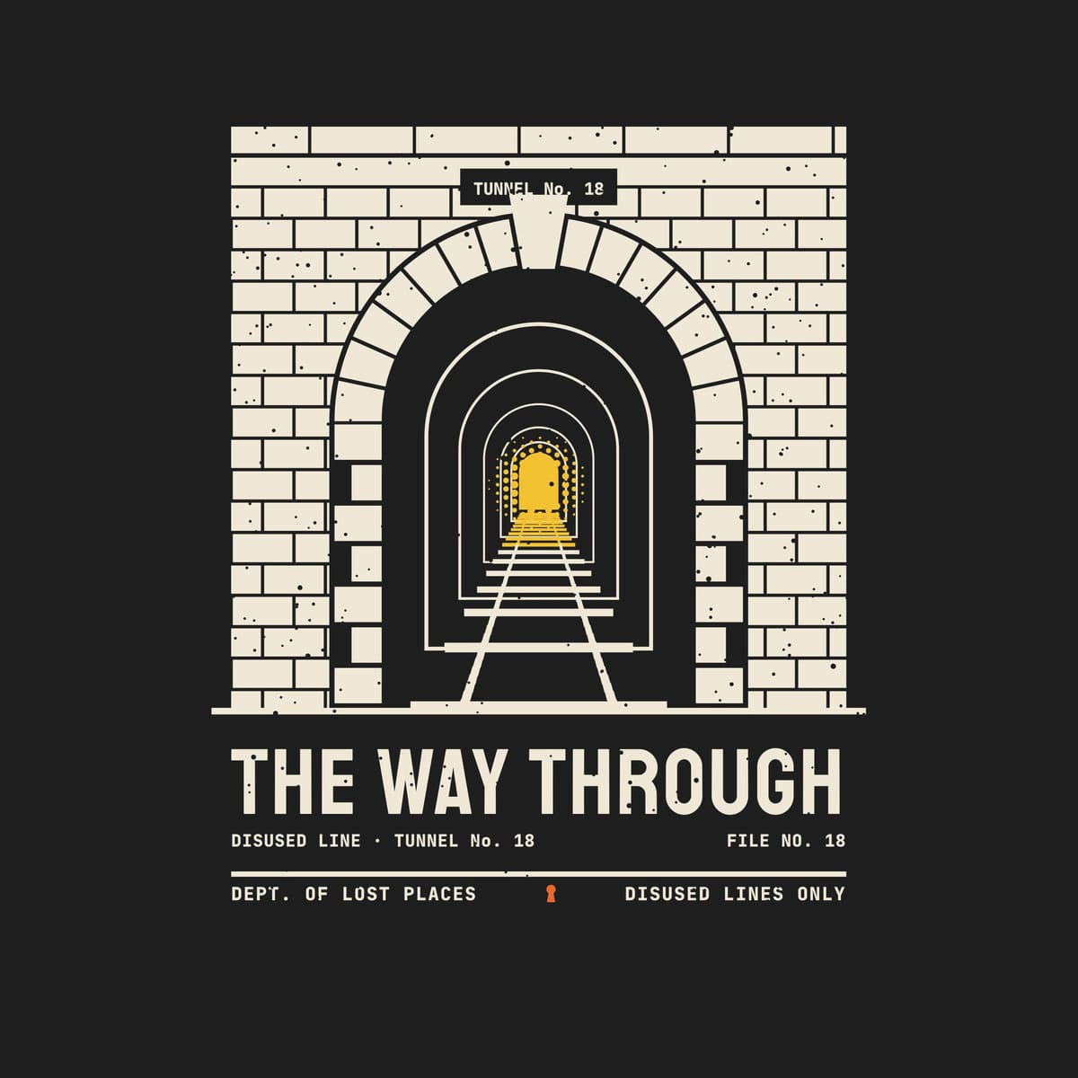 Back print artwork close-up: a cream brick railway tunnel portal with an arched entrance, rails running into the dark and a yellow light at the far end, above the words The Way Through, lightly speckled.