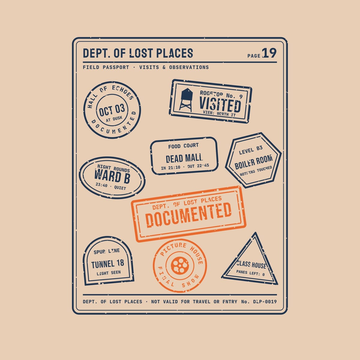 Back print artwork close-up: a navy passport-style page covered in rubber stamps from imaginary abandoned places, such as a rooftop, a tunnel and a dead mall, with an orange Documented stamp, lightly speckled.