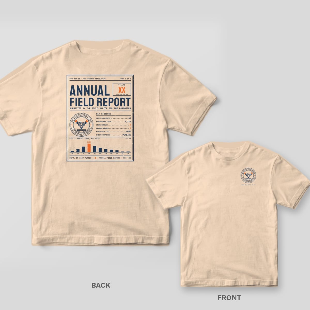 Ivory Comfort Colors tee shown back and front: the back has a navy and orange Annual Field Report cover with a seal, key findings and a bar chart; the chest has a small seal.