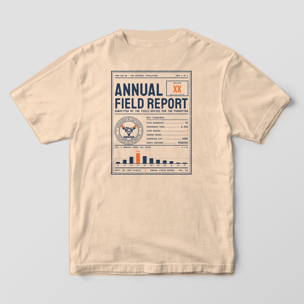 Back of an Ivory Comfort Colors 1717 tee printed with a navy and orange mid-century report cover reading Annual Field Report with a department seal, a list of key findings and a bar chart peaking at Dusk.