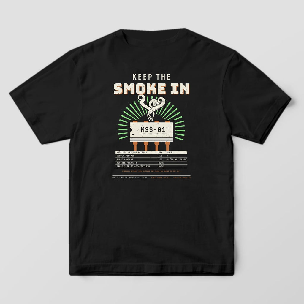 Back of a black Comfort Colors 1717 tee with a large Keep the Smoke In print, a smoking chip and a datasheet ratings table.