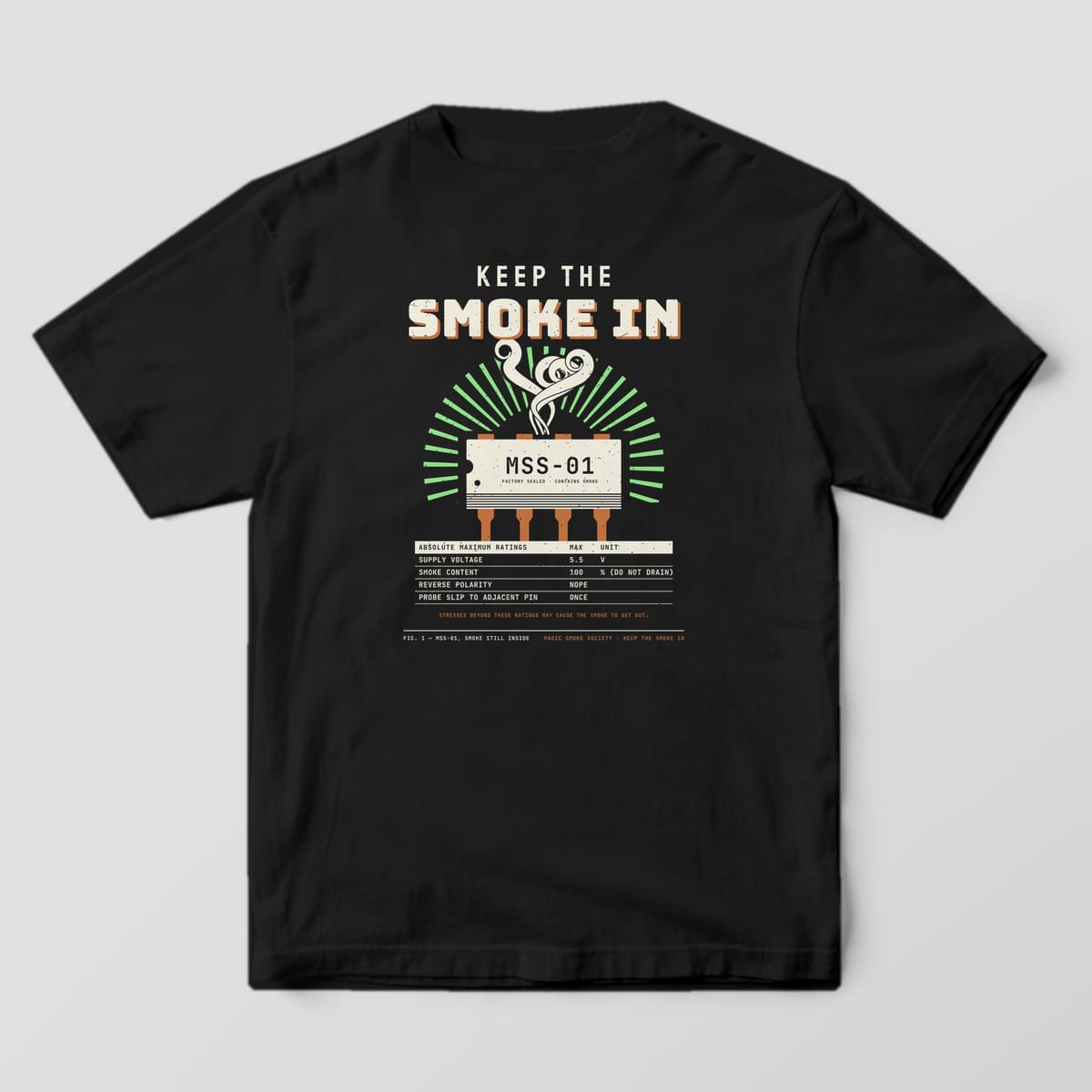 Back of a black Comfort Colors 1717 tee with a large Keep the Smoke In print, a smoking chip and a datasheet ratings table.