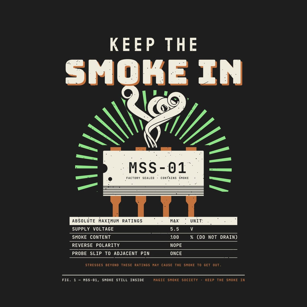 Close-up of the Keep the Smoke In artwork showing the twisting smoke, copper chip legs and the Absolute Maximum Ratings table.