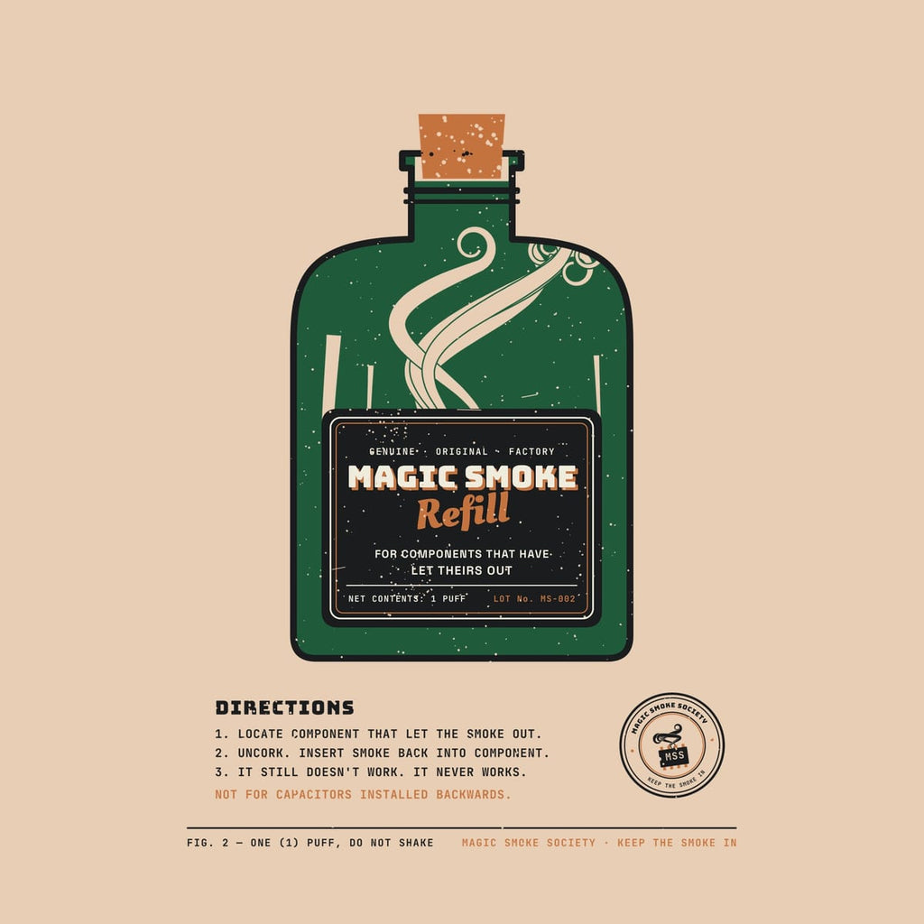 Close-up of the bottle artwork showing the copper cork, swirling smoke, the black label and the Not for Capacitors Installed Backwards warning.