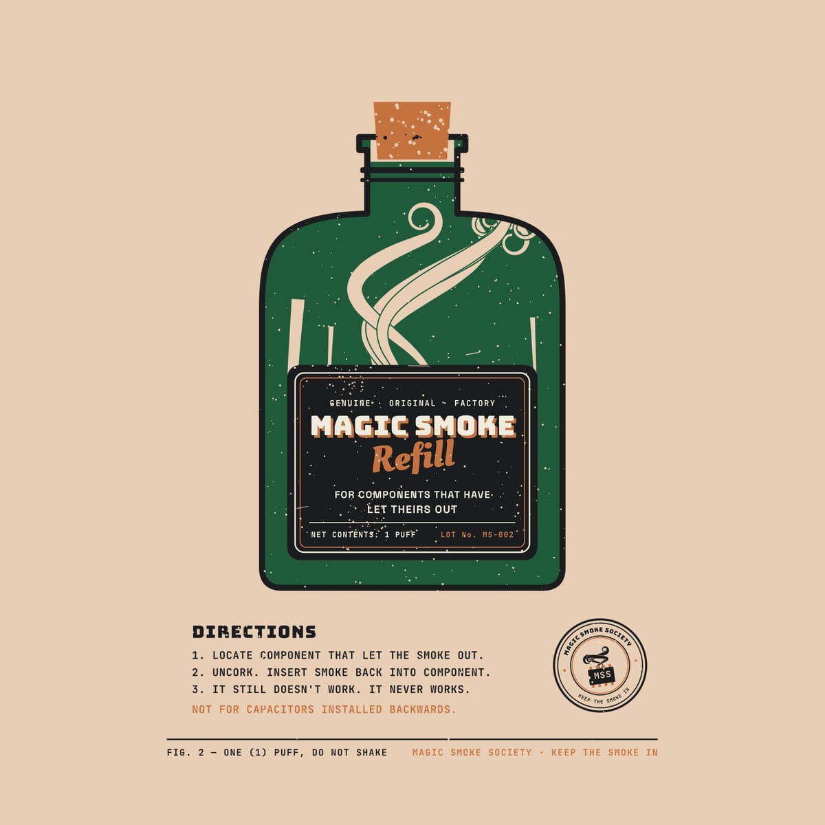 Close-up of the bottle artwork showing the copper cork, swirling smoke, the black label and the Not for Capacitors Installed Backwards warning.