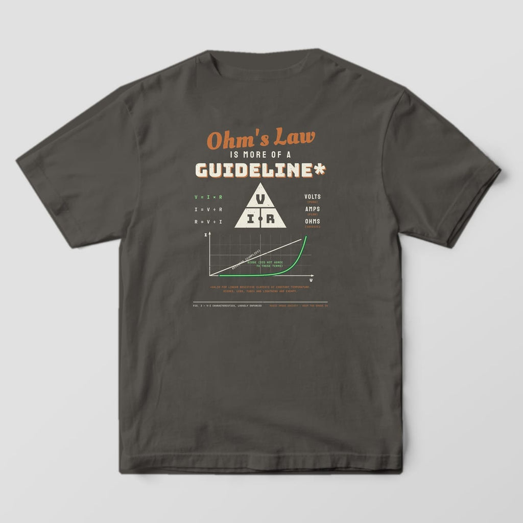 Back of a pepper Comfort Colors 1717 tee with an Ohm's Law triangle, equations and a diode curve graph in cream, copper and green.