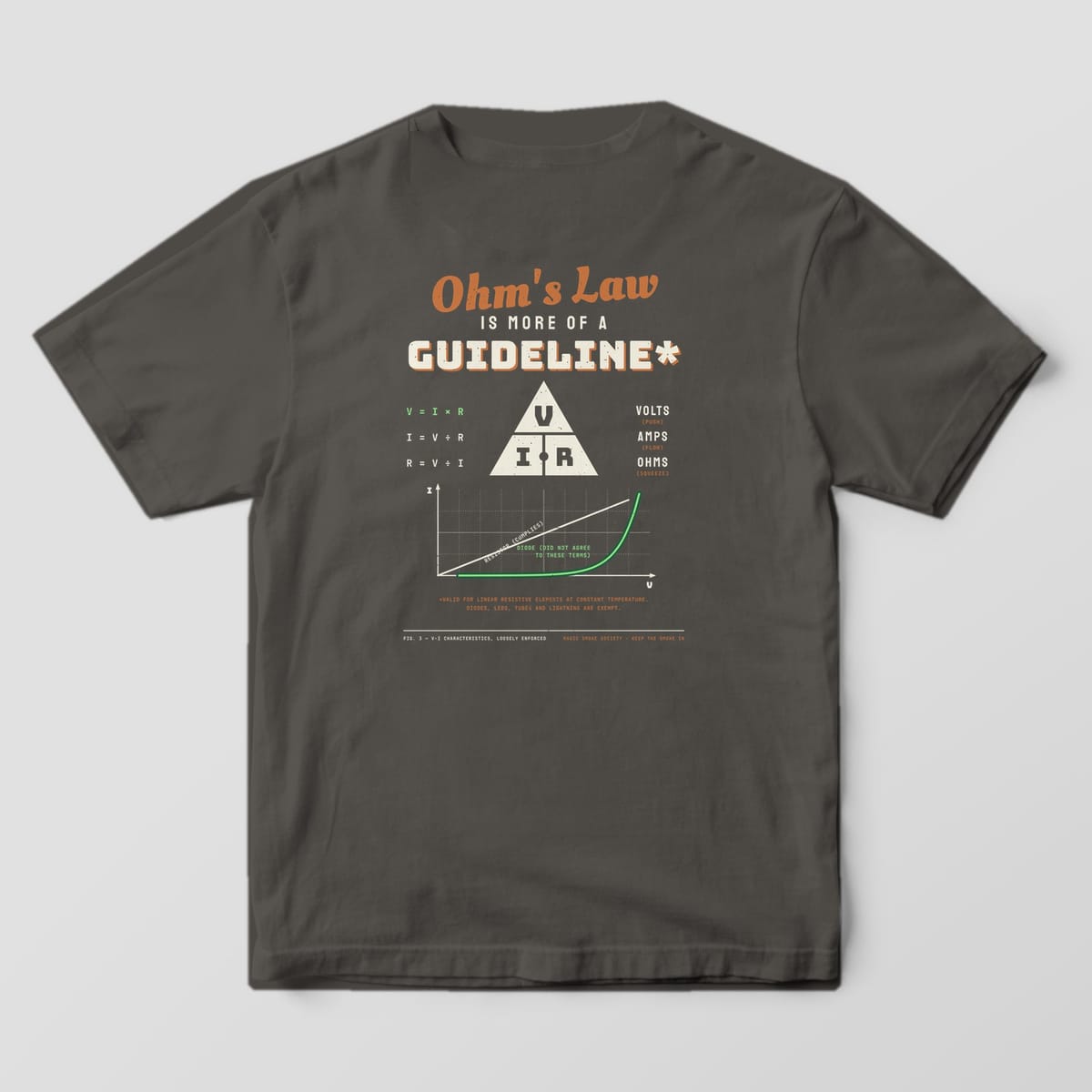 Back of a pepper Comfort Colors 1717 tee with an Ohm's Law triangle, equations and a diode curve graph in cream, copper and green.