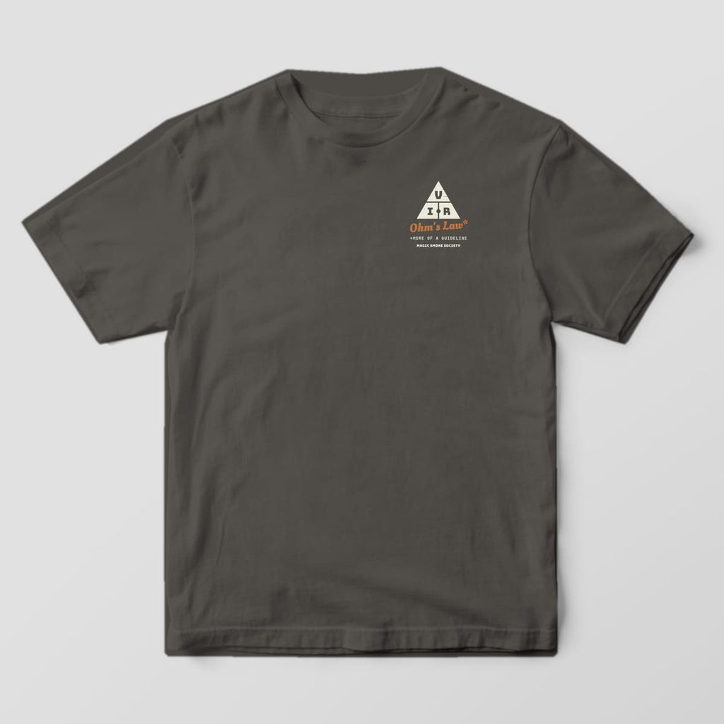 Front of a pepper Comfort Colors 1717 tee with a small V I R triangle and Ohm's Law script on the left chest.