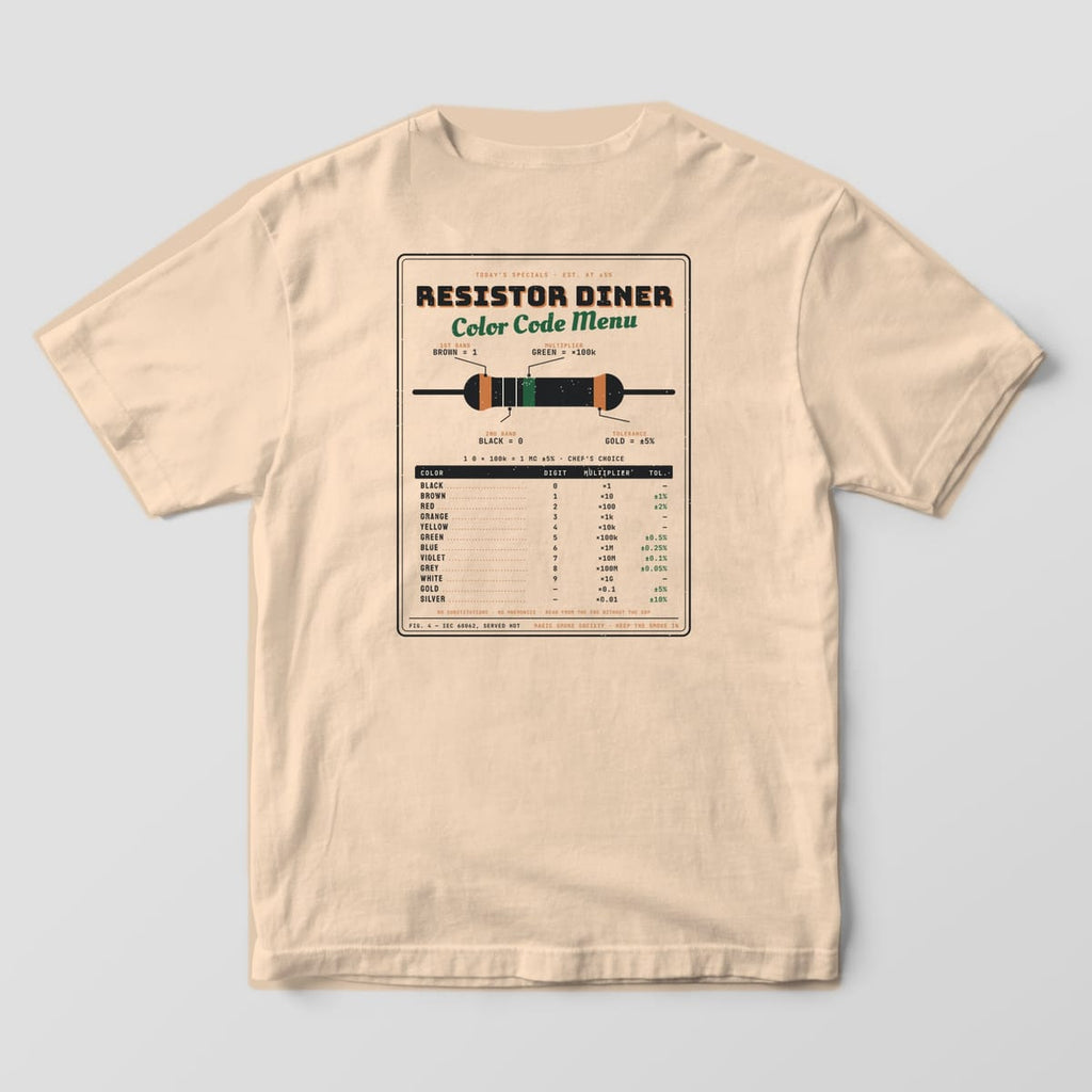 Back of an ivory Comfort Colors 1717 tee with a resistor color code chart styled as a retro diner menu.