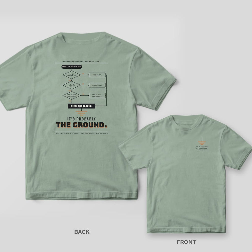 Bay tee shown back and front: back has a black flowchart where every path ends at Check the Ground above the words It's Probably the Ground; front has a small ground symbol.