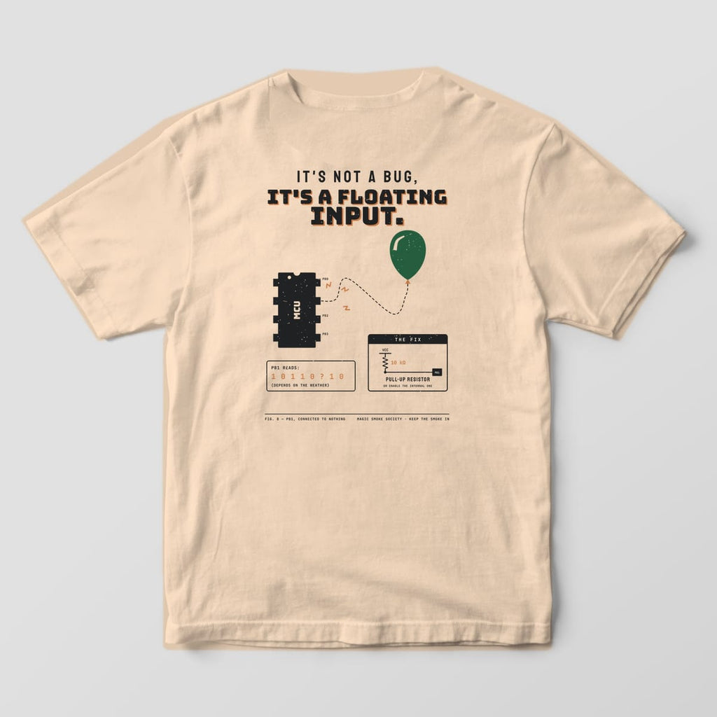 Back of an ivory Comfort Colors 1717 tee with a microcontroller, a green balloon on a dashed string and a pull-up resistor fix panel.