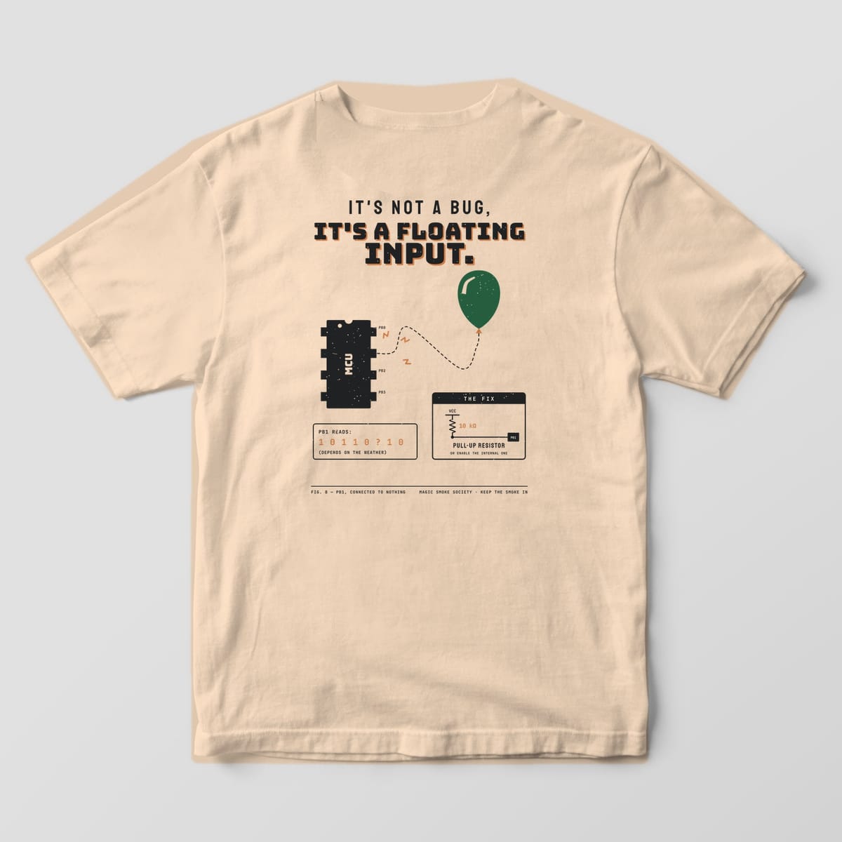 Back of an ivory Comfort Colors 1717 tee with a microcontroller, a green balloon on a dashed string and a pull-up resistor fix panel.