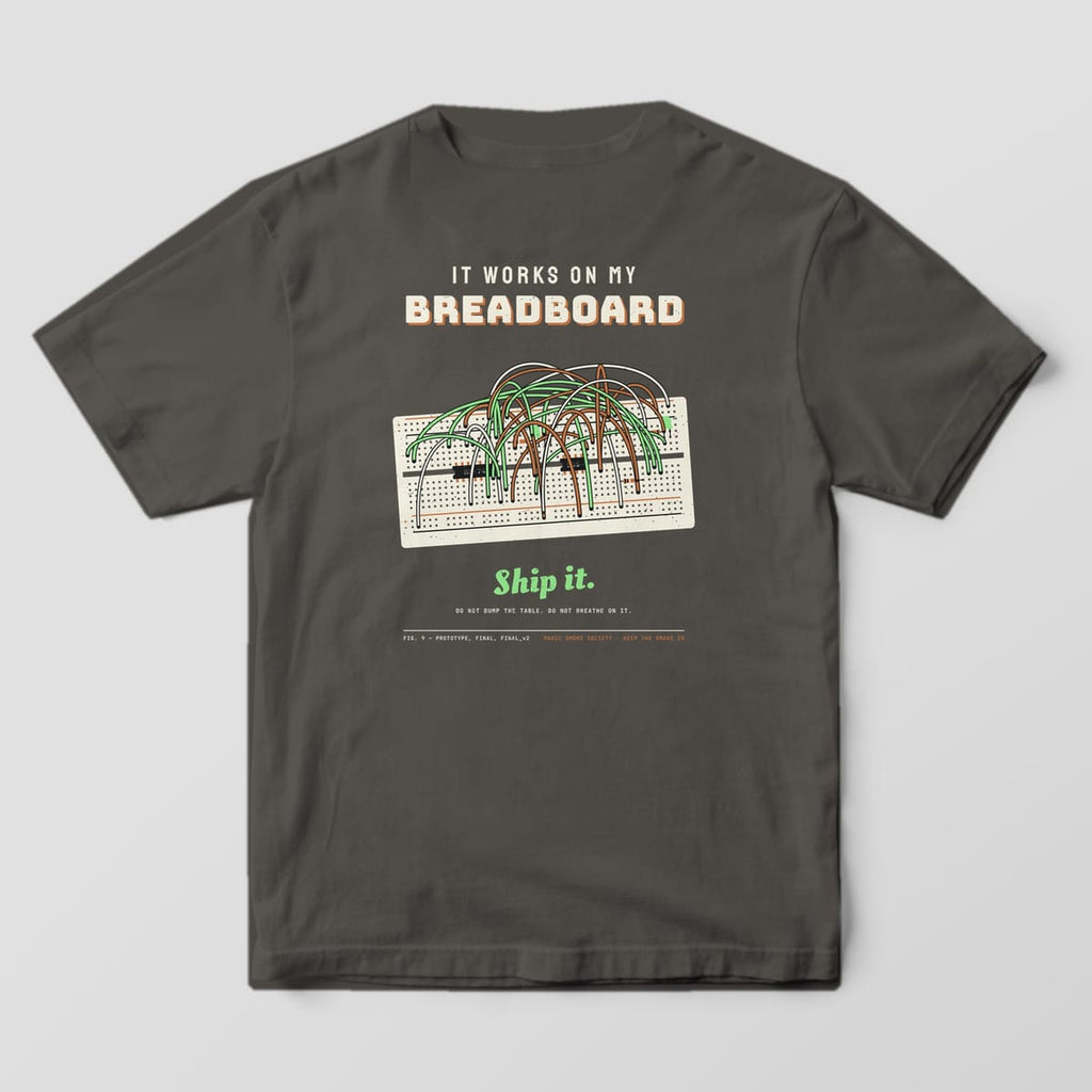 Back of a pepper Comfort Colors 1717 tee with a breadboard and jumper wire spaghetti print and Ship It script.