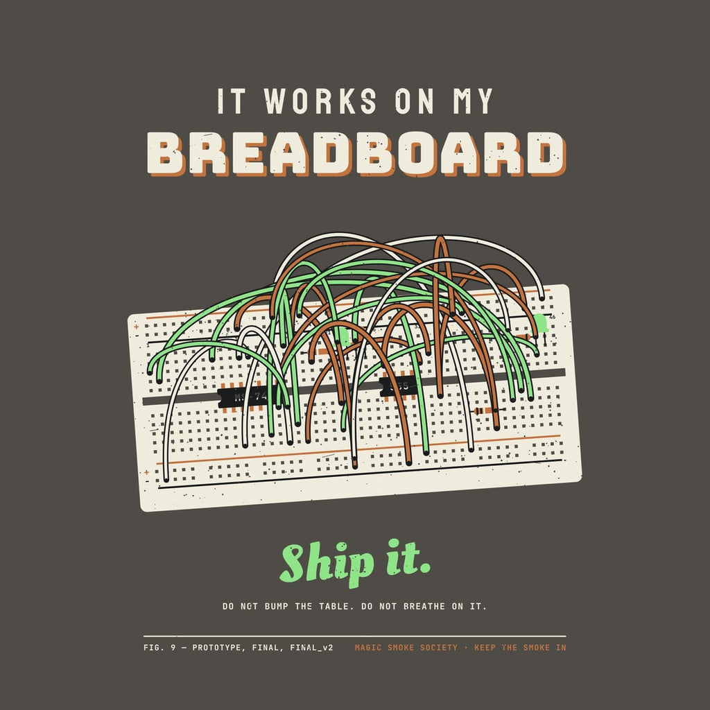 Close-up of the breadboard artwork showing the hole grid, the chips across the channel and the looping jumper wires.