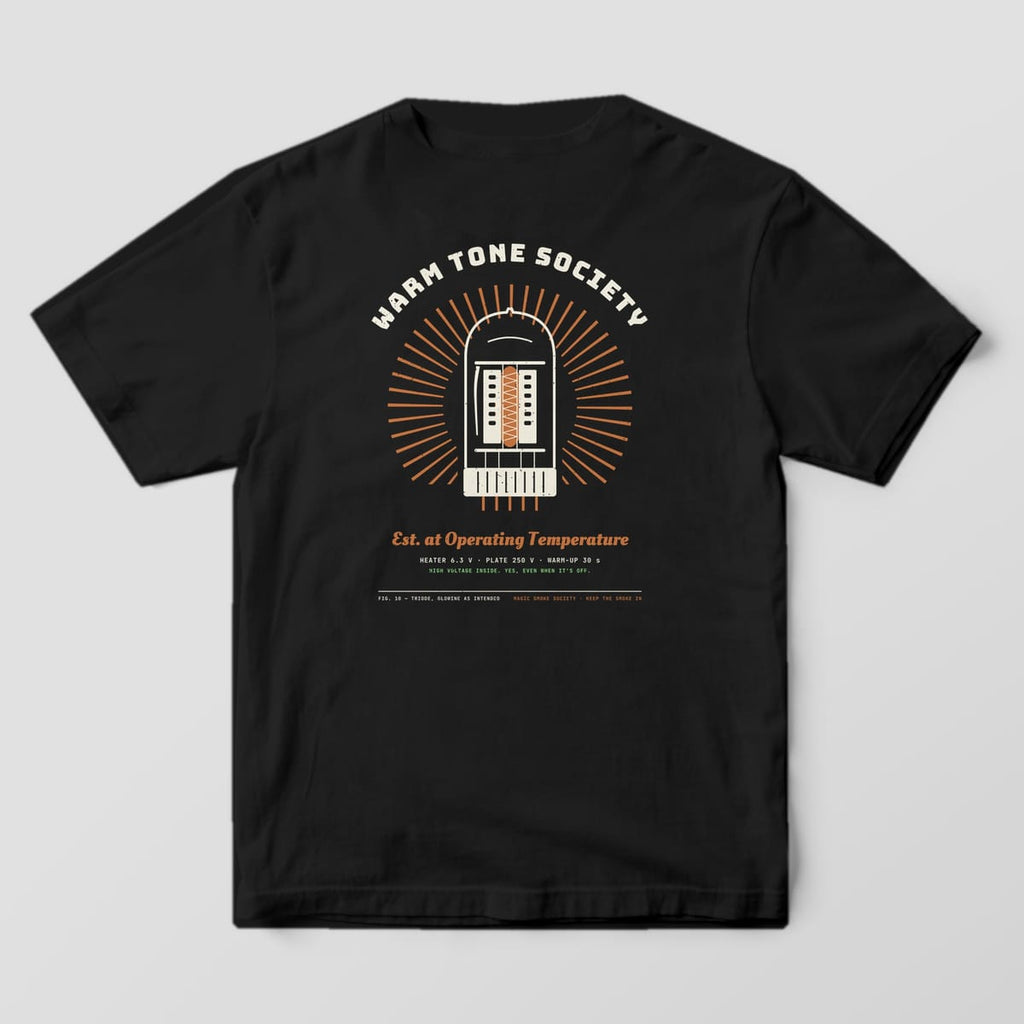 Back of a black Comfort Colors 1717 tee with a large vacuum tube print, copper rays and Warm Tone Society lettering.