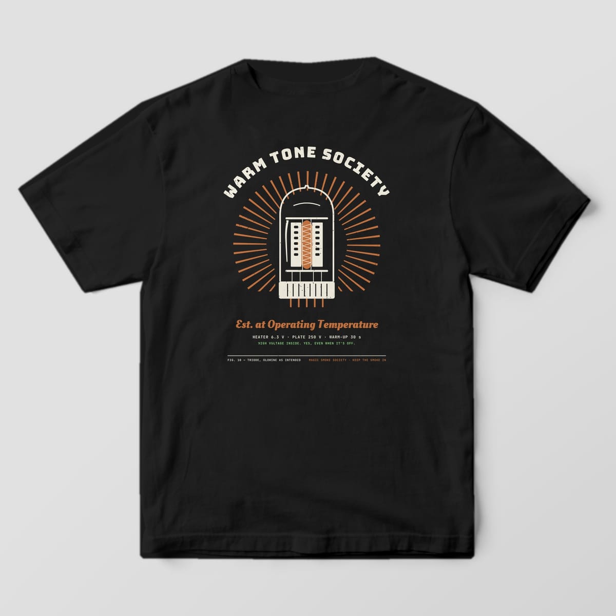 Back of a black Comfort Colors 1717 tee with a large vacuum tube print, copper rays and Warm Tone Society lettering.