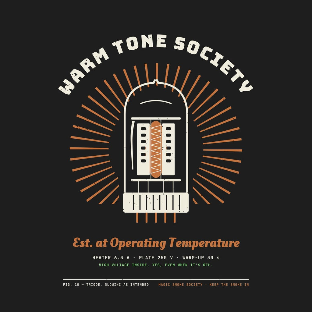 Close-up of the vacuum tube artwork showing the plates, grid coil, glowing filament and Est. at Operating Temperature script.