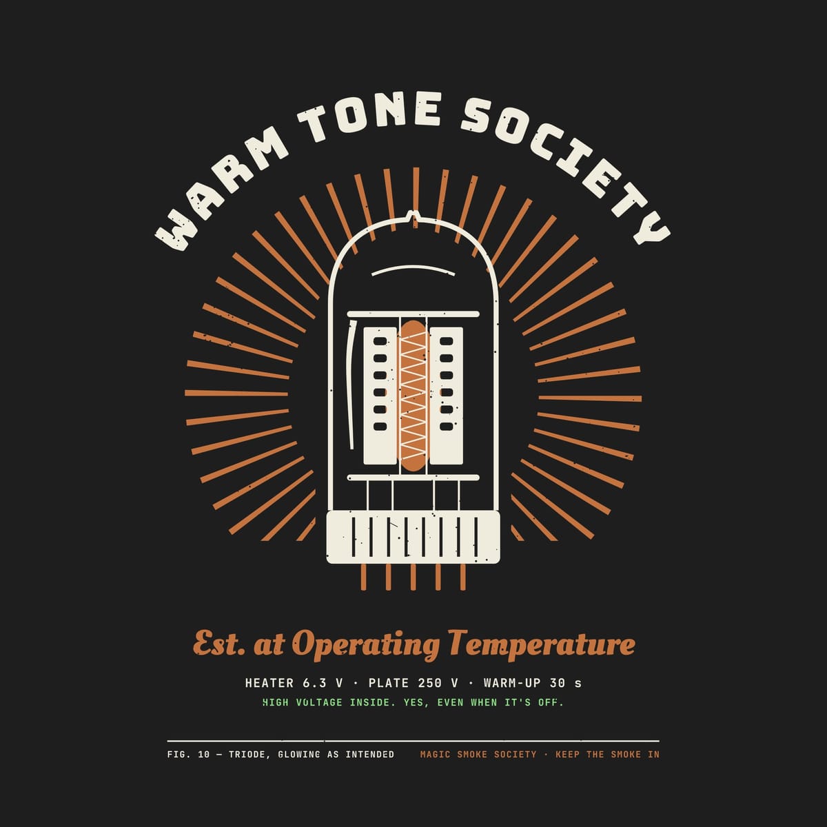Close-up of the vacuum tube artwork showing the plates, grid coil, glowing filament and Est. at Operating Temperature script.