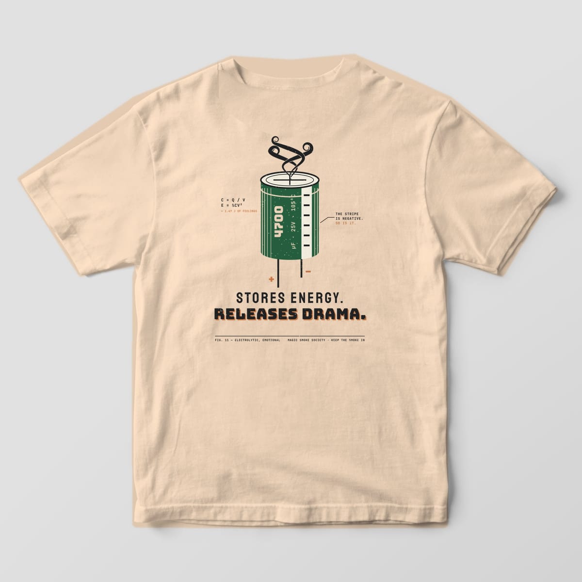 Back of an ivory Comfort Colors 1717 tee with a large green electrolytic capacitor print and the words Releases Drama.