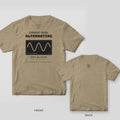 Khaki tee shown front and back: front reads Current Mood: Alternating over a black scope screen with a glowing sine wave; back has a small seal.