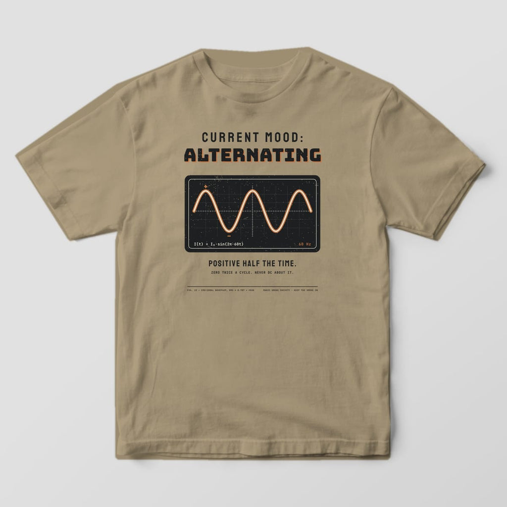 Front of a khaki Comfort Colors 1717 tee with the full-front Current Mood Alternating sine wave print.