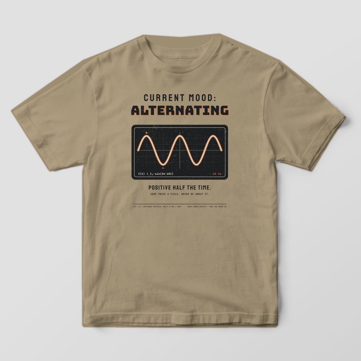 Front of a khaki Comfort Colors 1717 tee with the full-front Current Mood Alternating sine wave print.