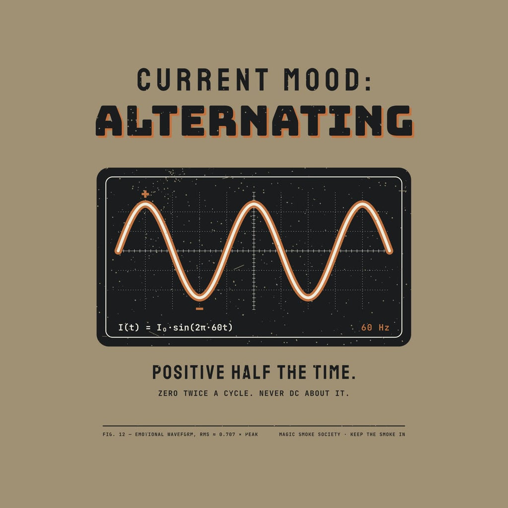 Close-up of the artwork showing the sine wave, the plus and minus marks, the equation and Positive Half the Time.