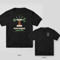 Black tee shown back and front: back has a high voltage coil throwing green lightning arcs over the word Discharge and Responsibly script; front has a small coil.