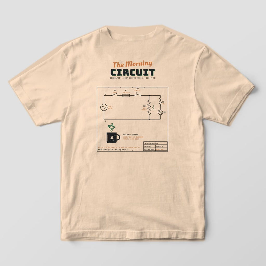 Back of an ivory Comfort Colors 1717 tee with a coffee maker circuit schematic, mug and title block print.