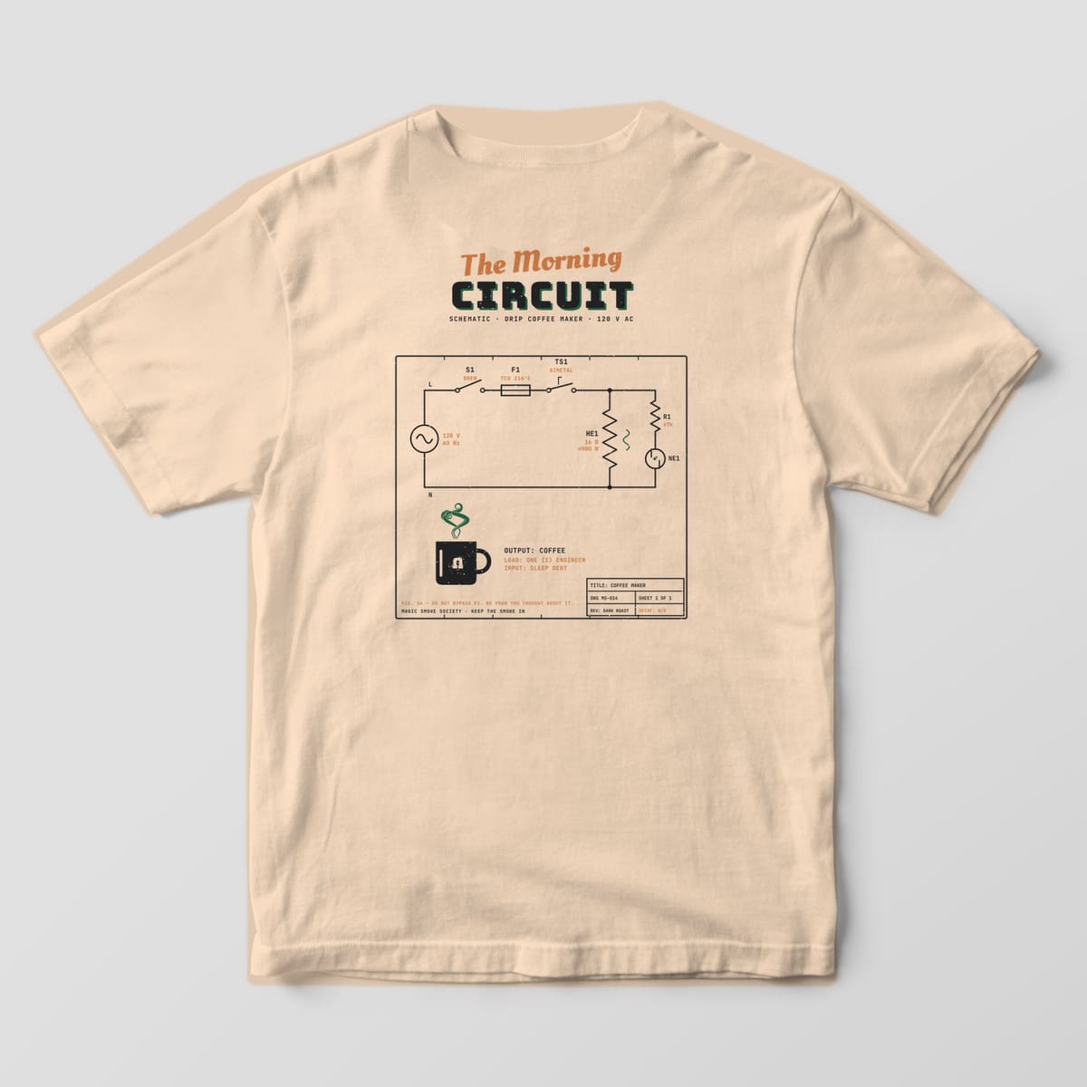 Back of an ivory Comfort Colors 1717 tee with a coffee maker circuit schematic, mug and title block print.