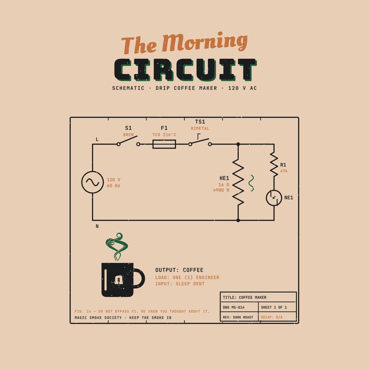 Close-up of the schematic showing the thermal fuse, thermostat, 16 ohm heater, neon lamp and the Decaf: N/A title block.