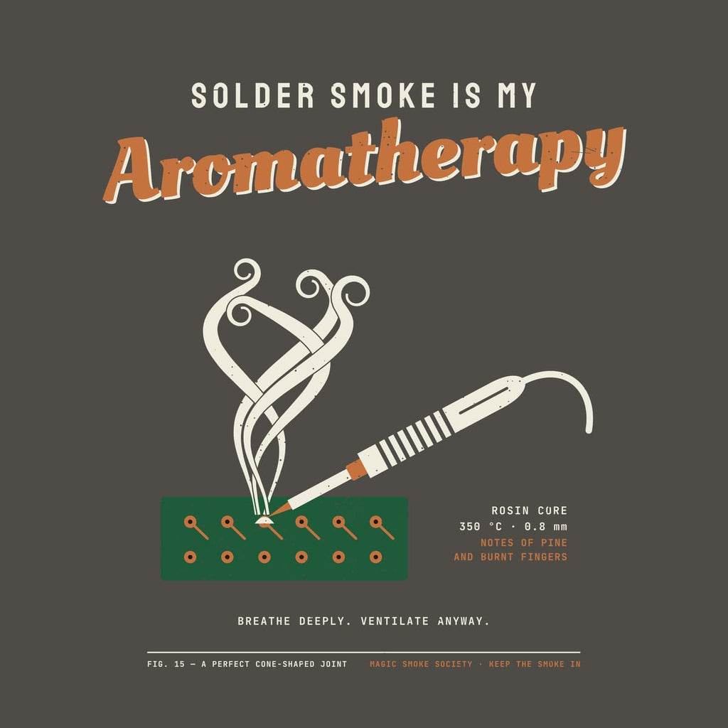 Close-up of the soldering artwork showing the iron tip on a solder joint, copper pads and the rising rosin smoke.